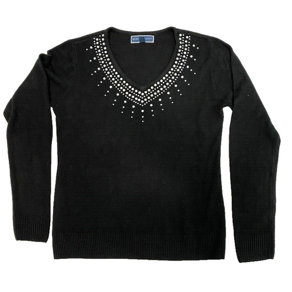 Karen Scott Black knitted V neck Sweater with pearl accents women's size Medium - Picture 1 of 5